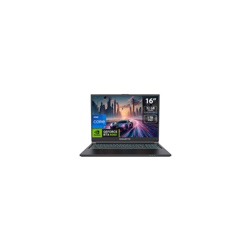 Laptop Gamer Gigabyte G6: 
Procesador Intel Core i7 13620H (hasta 4.9 GHz), 
Memoria de 32GB DDR5, 
SSD de 1TB, 
Pantalla de 16"